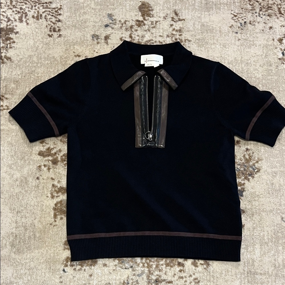 Anthropologie Black Women’s shirt sleeve sweater with leather trim Zipper Accent